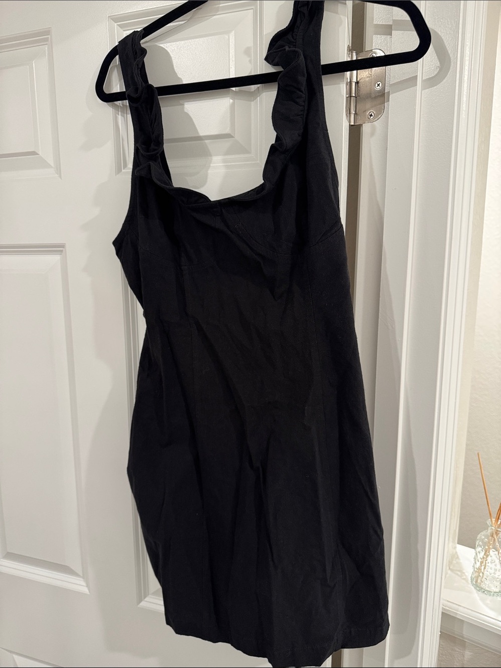 NWOT Free People Black Linen Mini Dress with Ruffled Straps, Ruched Back
